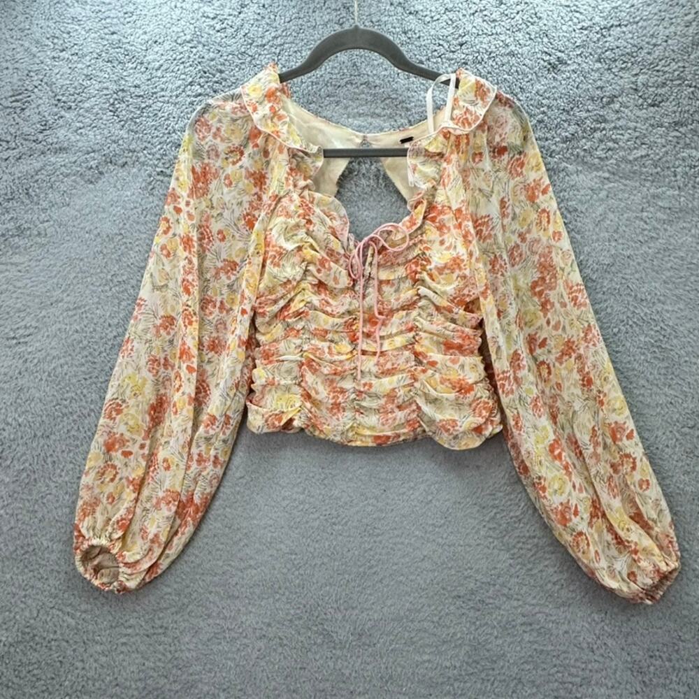 Free People XS Floral Blouse Sheep Crop Long Sleeves Back Smocking Front Gathers